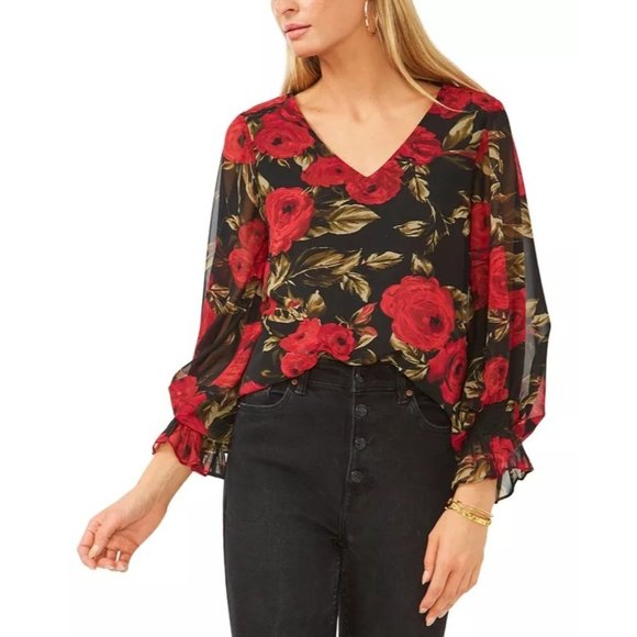 VINCE CAMUTO Smocked-Cuff Floral-Print Top - Roses - NWOT XS - Picture 1 of 4